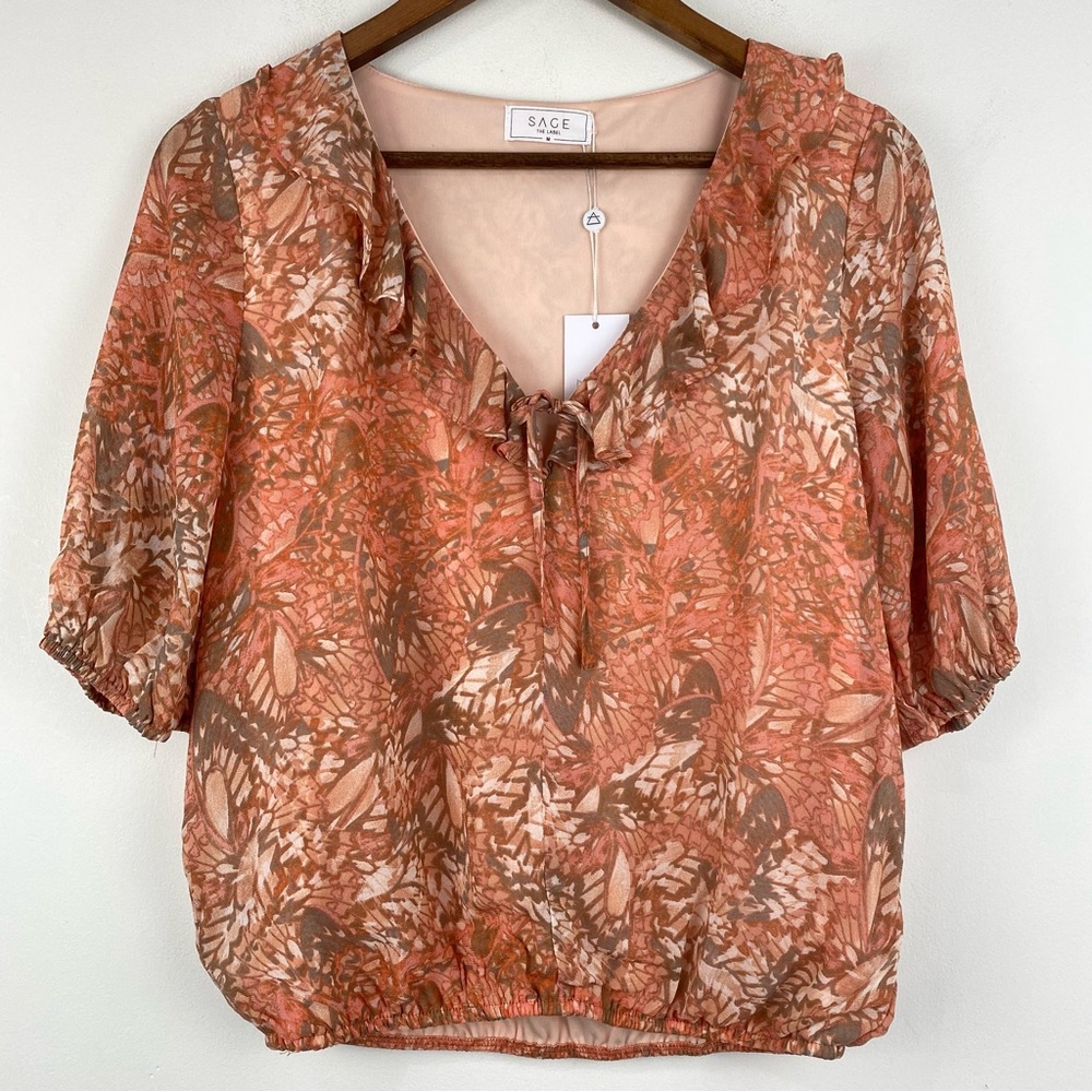 Sage The Label size Medium Women’s Orange Pink Ruffle V-neck Blouse Top